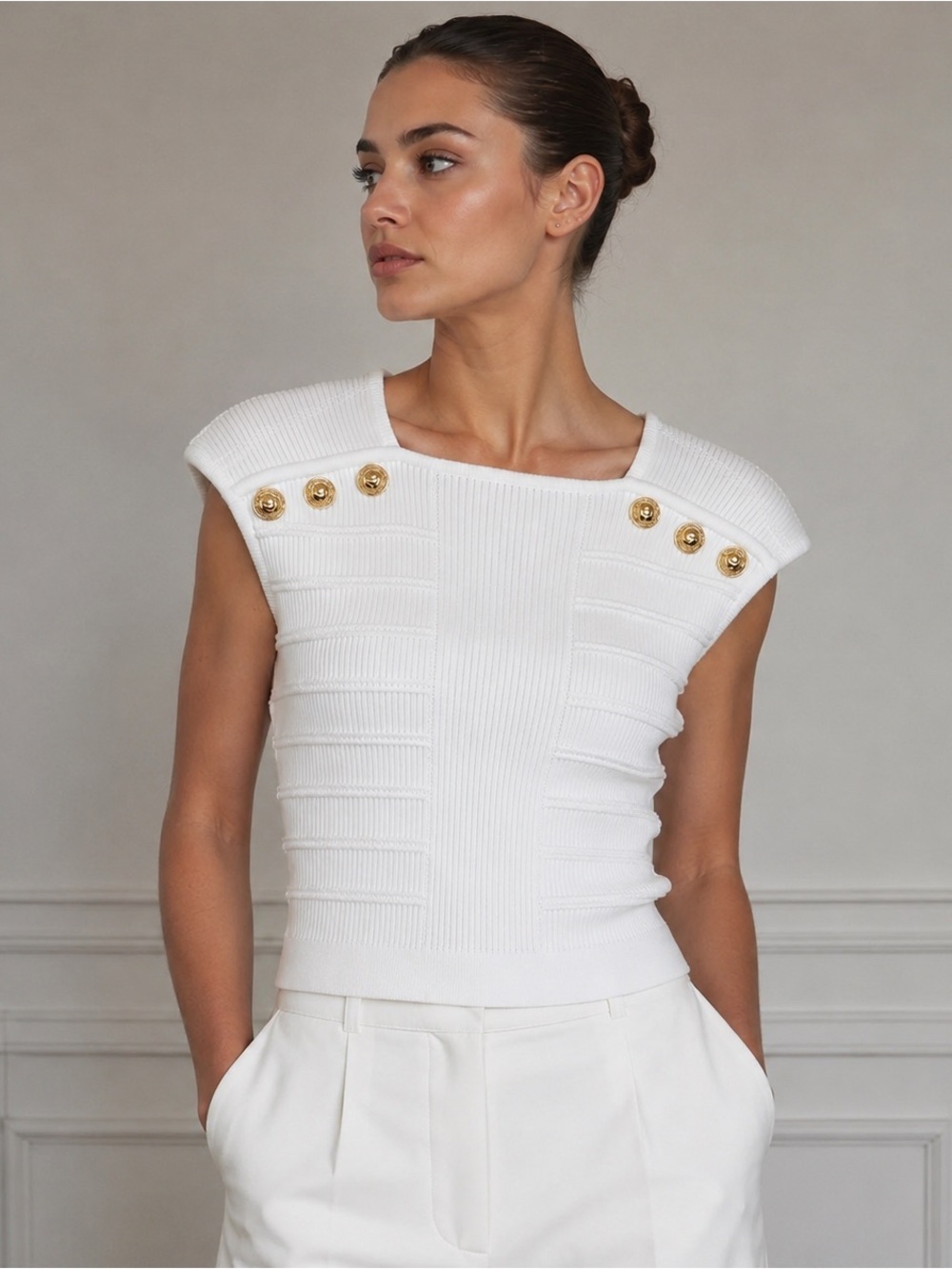 Balmain White Ribbed Knit Top Gold Lion Stud Buttons Size L